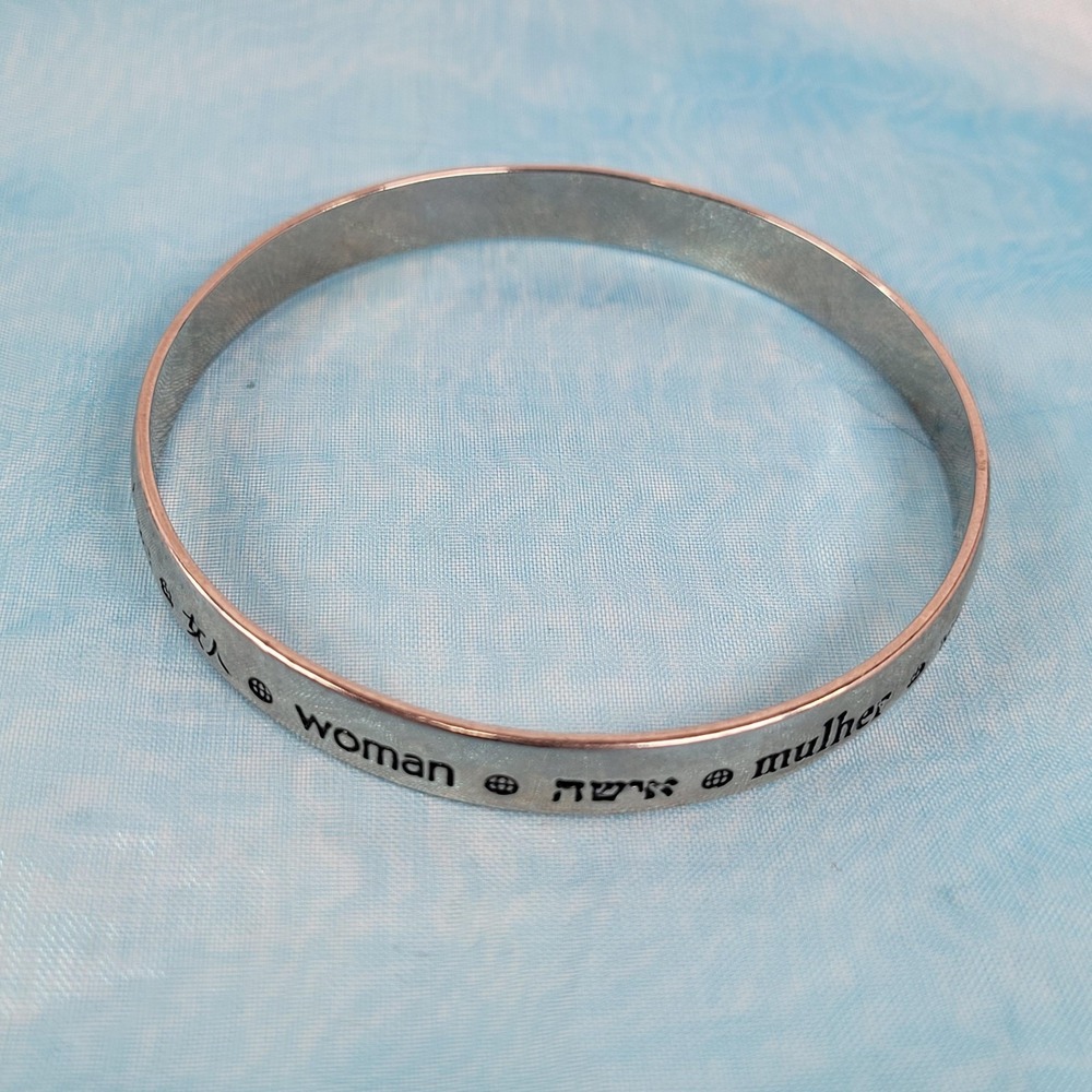 Silver Tone Woman Multilingual Engraved Bangle Bracelet Inspirational Jewelry